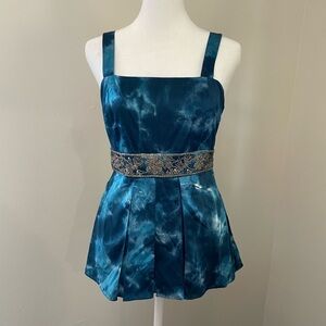 Vintage Y2K Inc Silk Baby Doll Crystal Beaded Top Size 2 Blue Tie Dye Wash